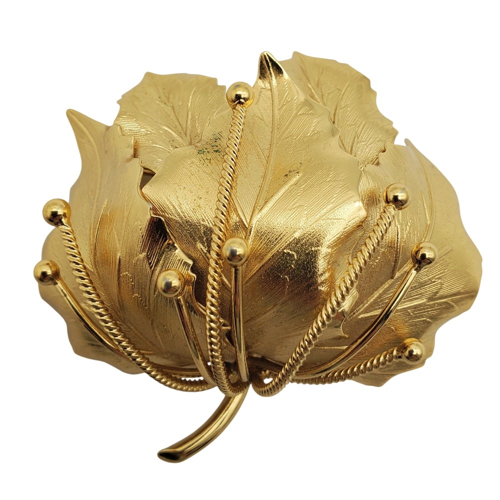 Monet Leaf Brooch Gold Tone Puffy 3D Textured Rope Detail Vintage Statement Pin